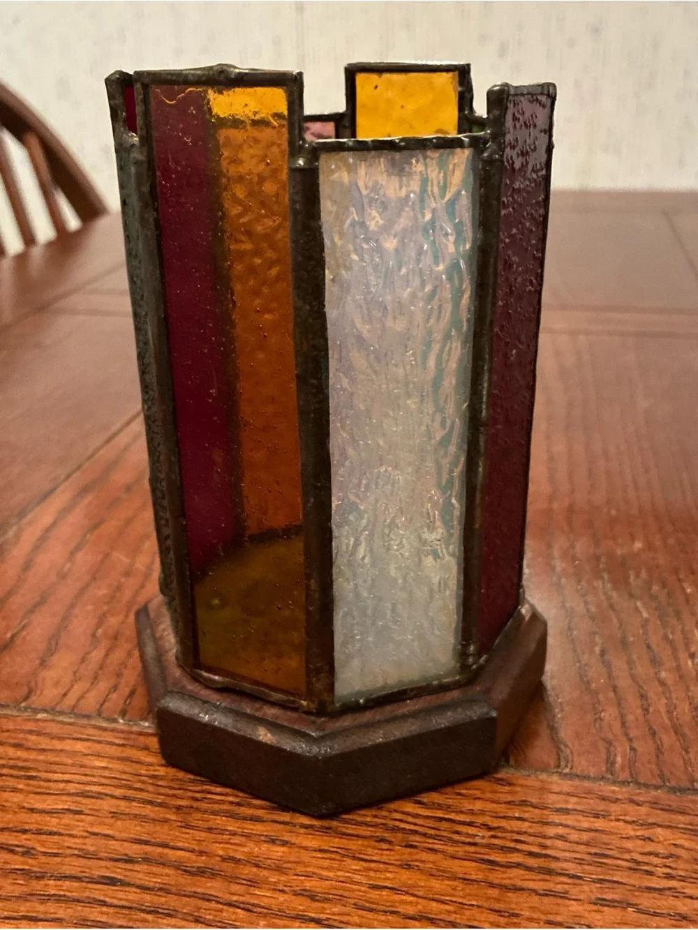 Vintage Textured Stained Glass Candle Holder Copper Solder Joints Wood Base